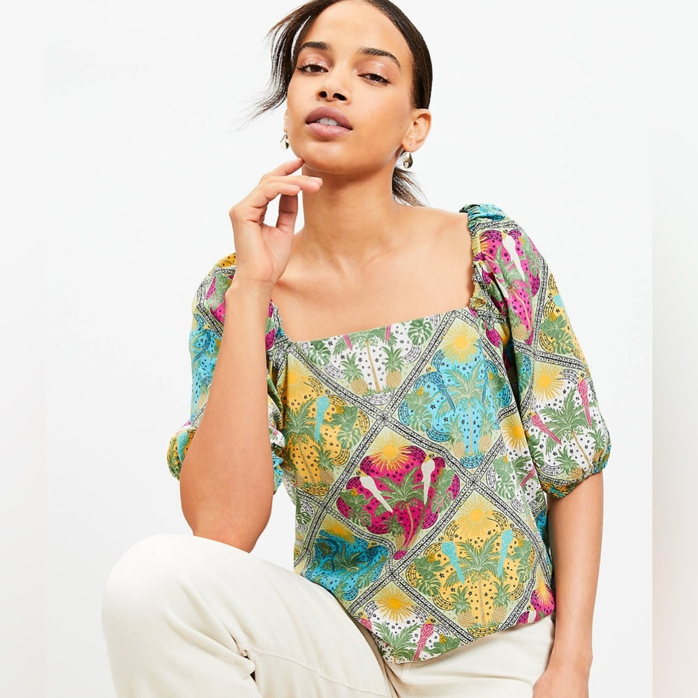 LOFT Palm Bubble Sleeve Square Neck Blouse Farm Rio Style NWT